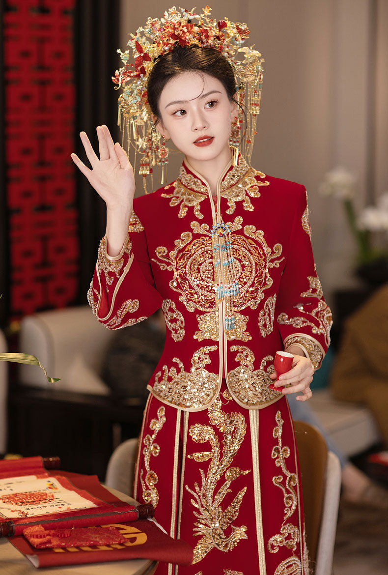 2 Pieces Sequins Phoenix Wedding Bride Top & Skirt Qun Kwa Xiuhe