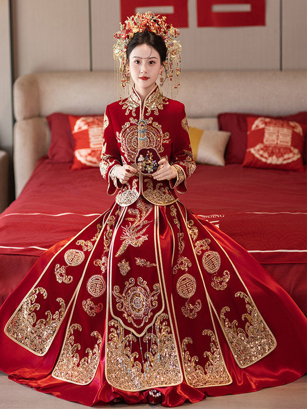 2 Pieces Sequins Phoenix Wedding Bride Top & Skirt Qun Kwa Xiuhe