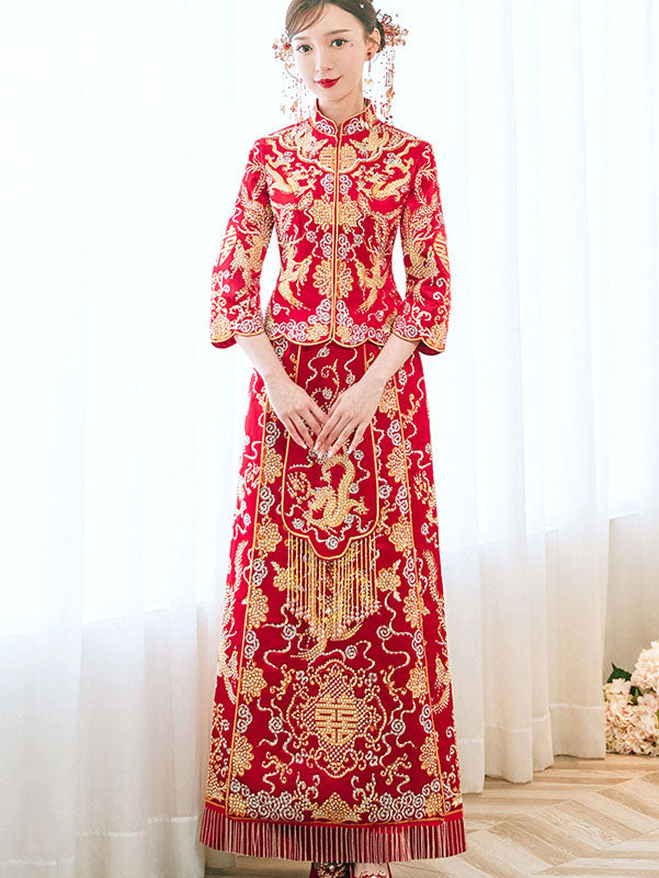2023 Beads Embroidered Dragon Phoenix Wedding Bride Qun Gua