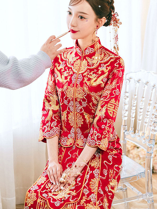 2023 Beads Embroidered Dragon Phoenix Wedding Bride Qun Gua