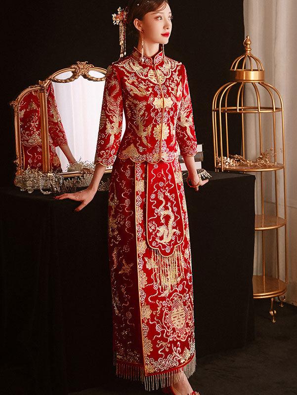 2023 Beads Embroidered Dragon Phoenix Wedding Bride Qun Gua
