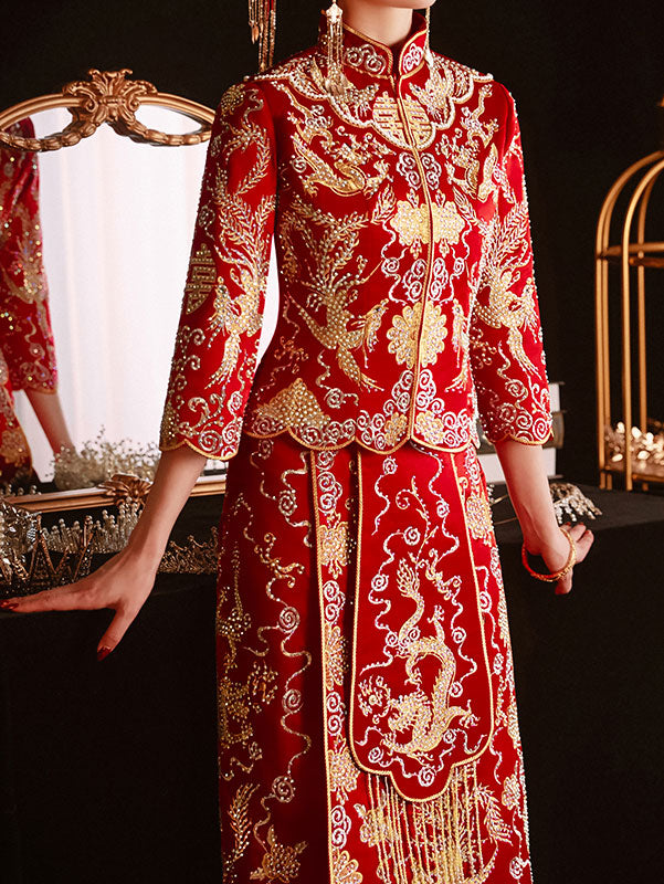 2023 Beads Embroidered Dragon Phoenix Wedding Bride Qun Gua