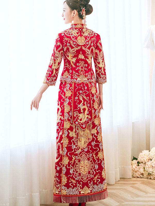2023 Beads Embroidered Dragon Phoenix Wedding Bride Qun Gua