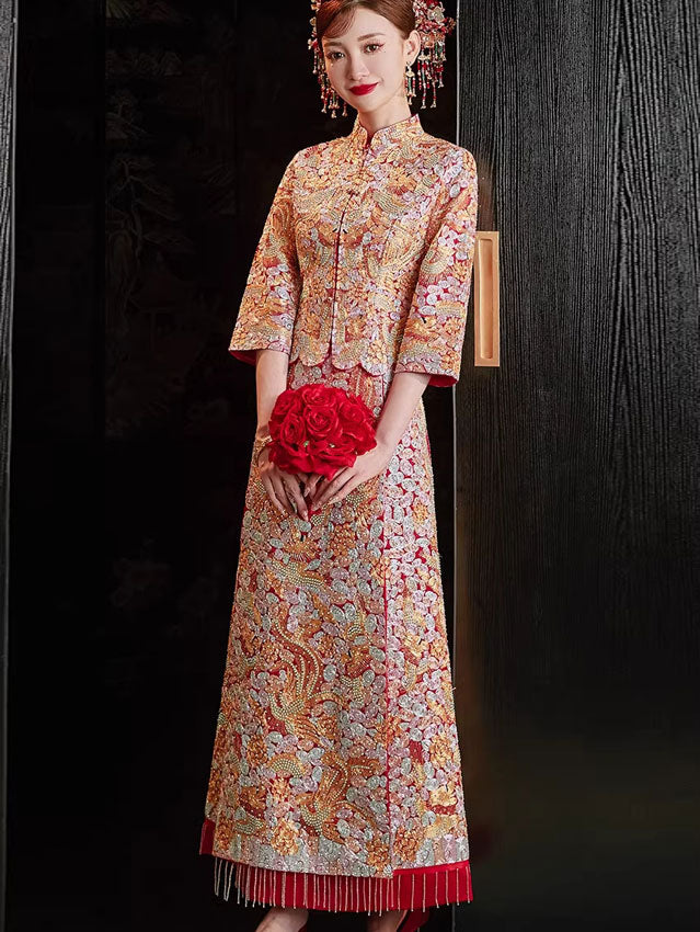 Beaded Embroidered Phoenix Dragon Wedding Bride Qun Gua King