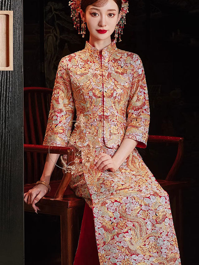 Beaded Embroidered Phoenix Dragon Wedding Bride Qun Gua King