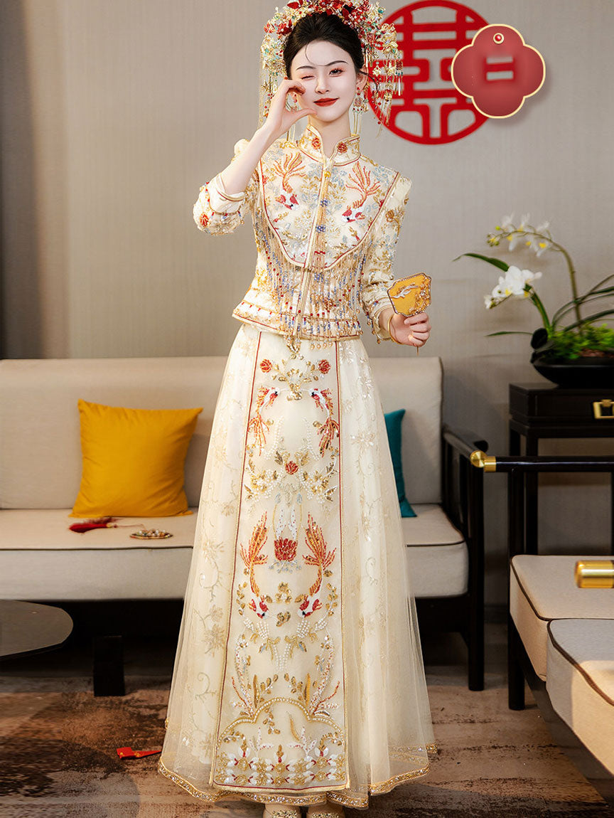 Champagne Detachable Shawl Beads Appliques Wedding Bridal Qun Gua