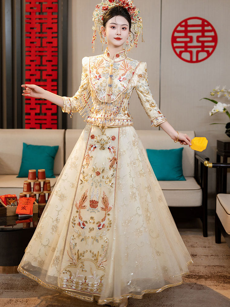Champagne Detachable Shawl Beads Appliques Wedding Bridal Qun Gua