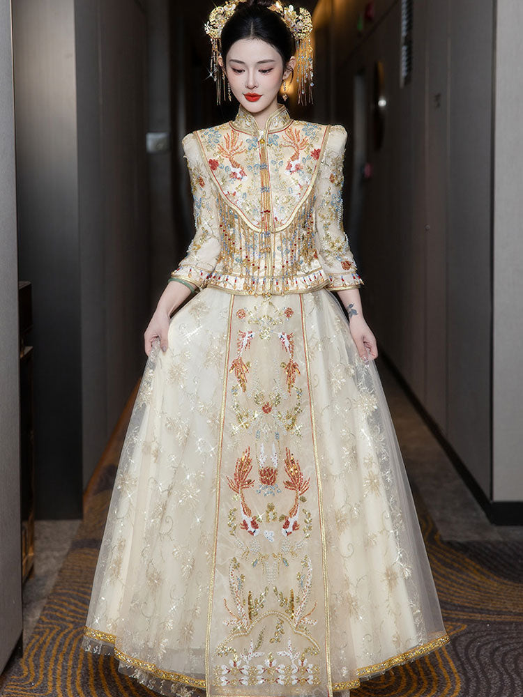 Champagne Detachable Shawl Beads Appliques Wedding Bridal Qun Gua