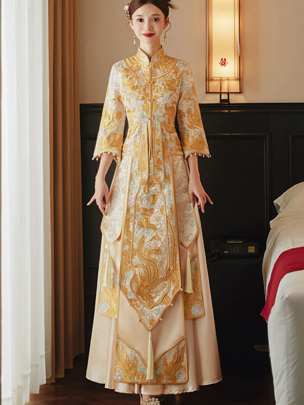 2023 Gold Embroidered Phoenix Dragon Wedding Bride GunGua