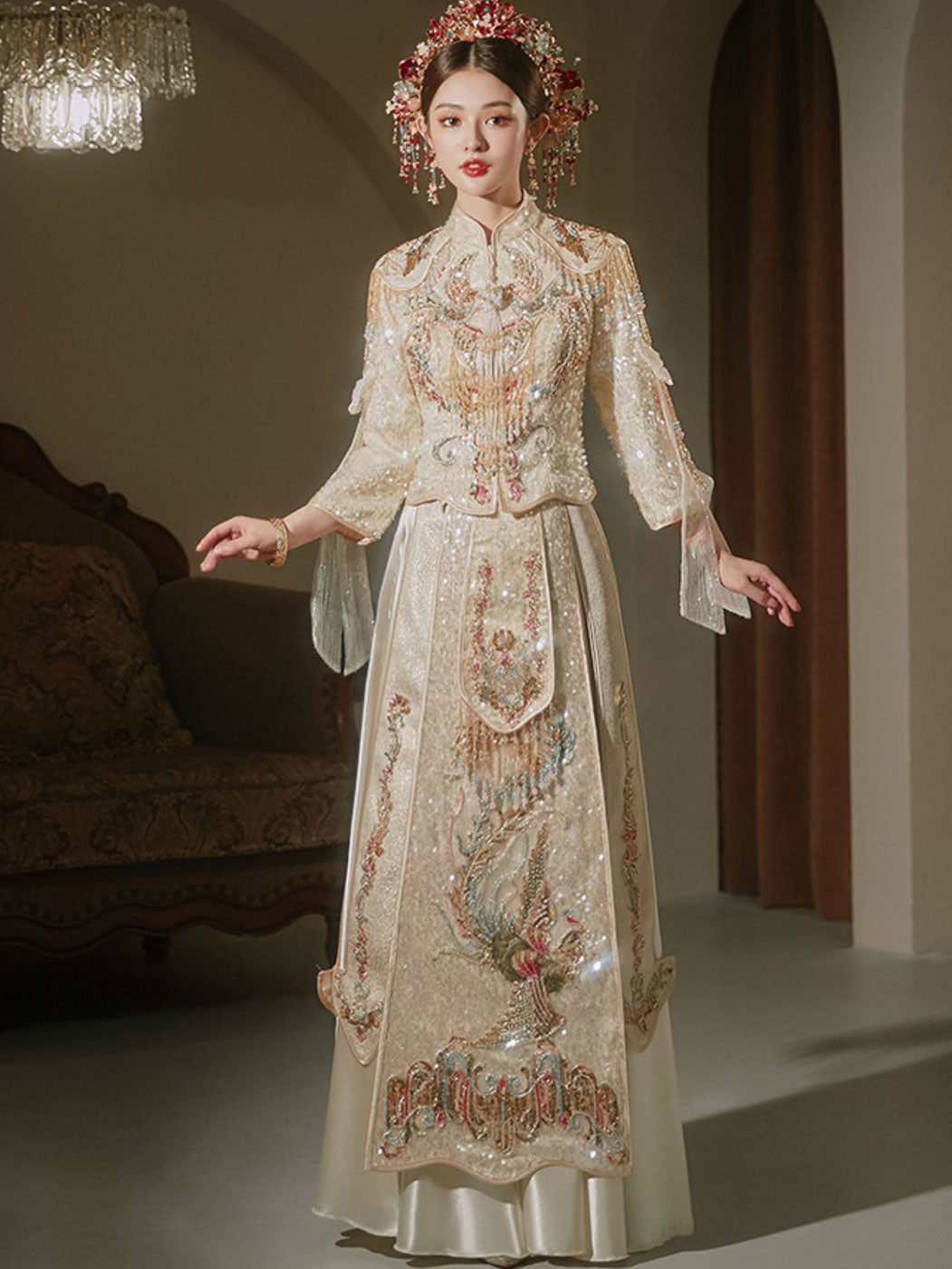 Champagne Sequins Phoenix Dragon Wedding Bridal QunGua