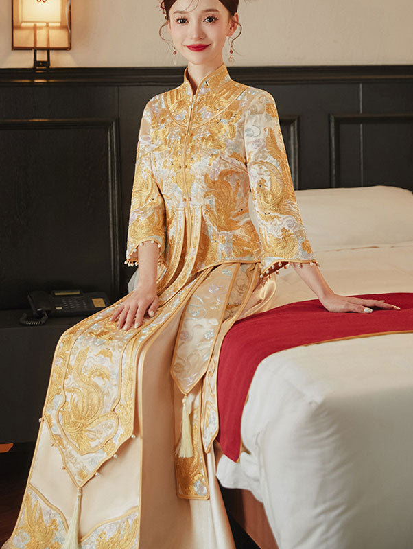 2023 Gold Embroidered Phoenix Dragon Wedding Bride GunGua
