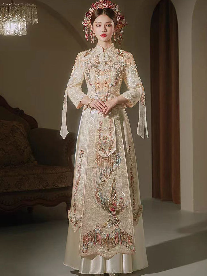 Champagne Sequins Phoenix Dragon Wedding Bridal QunGua