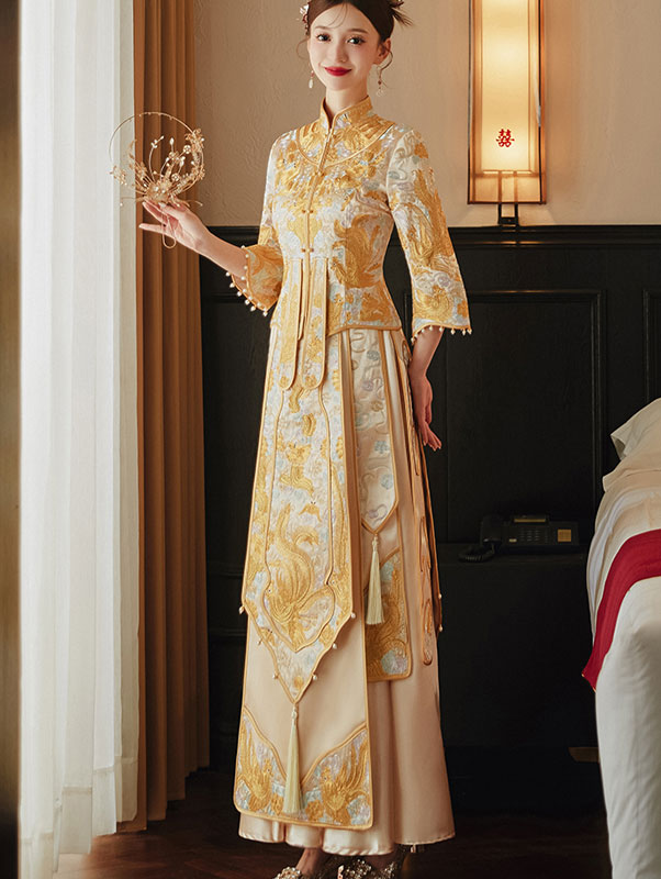 2023 Gold Embroidered Phoenix Dragon Wedding Bride GunGua