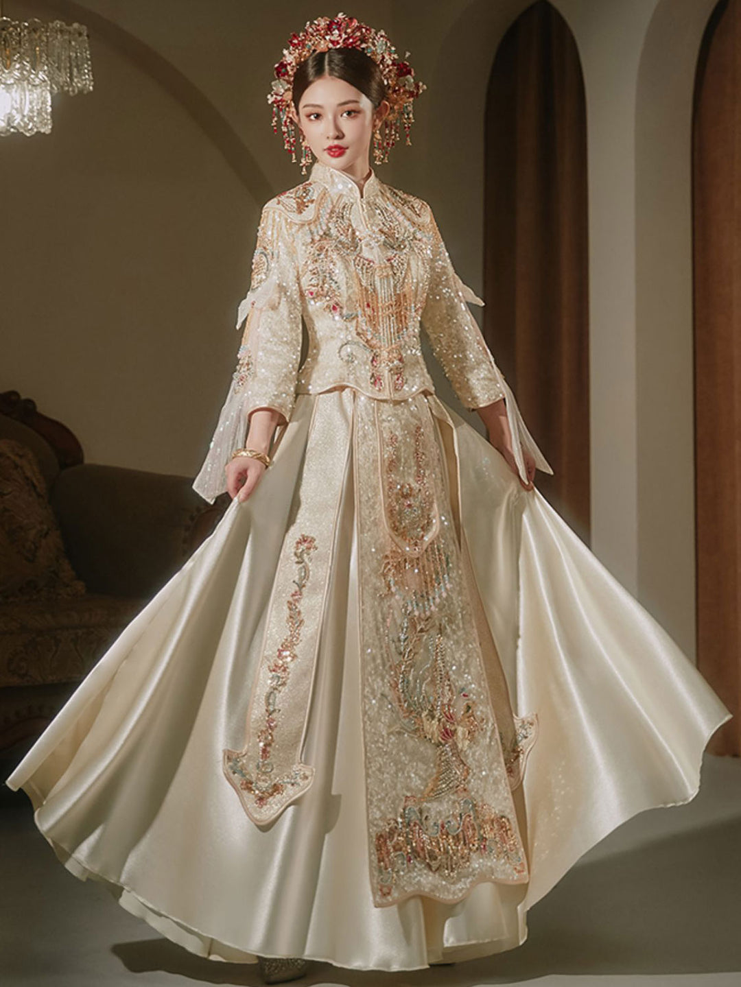 Champagne Sequins Phoenix Dragon Wedding Bridal QunGua