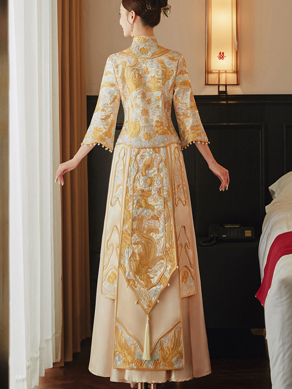 2023 Gold Embroidered Phoenix Dragon Wedding Bride GunGua