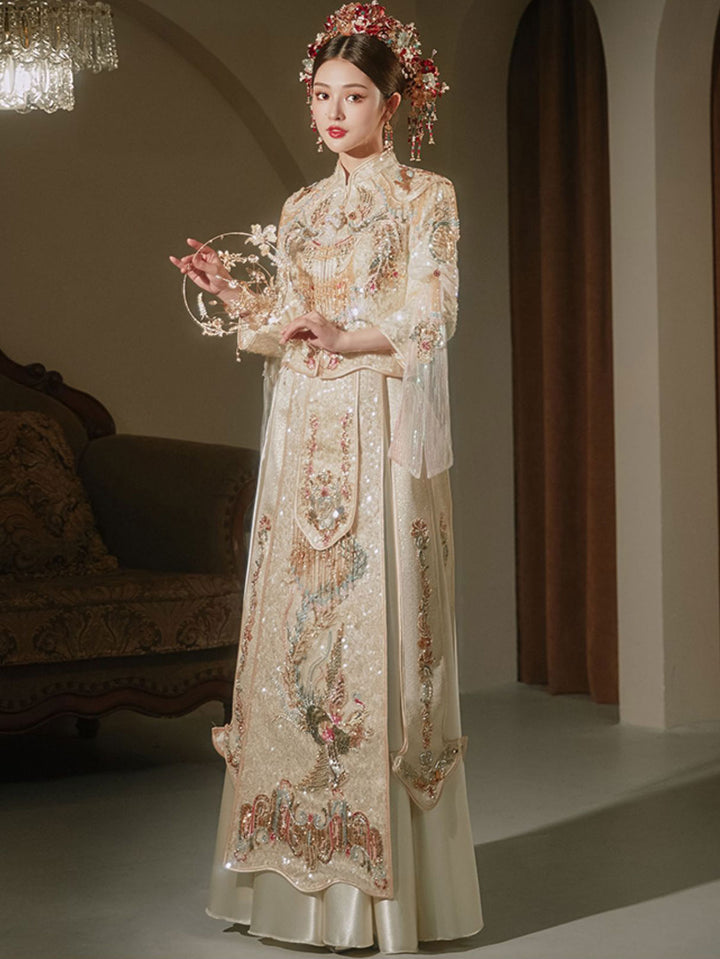 Champagne Sequins Phoenix Dragon Wedding Bridal QunGua