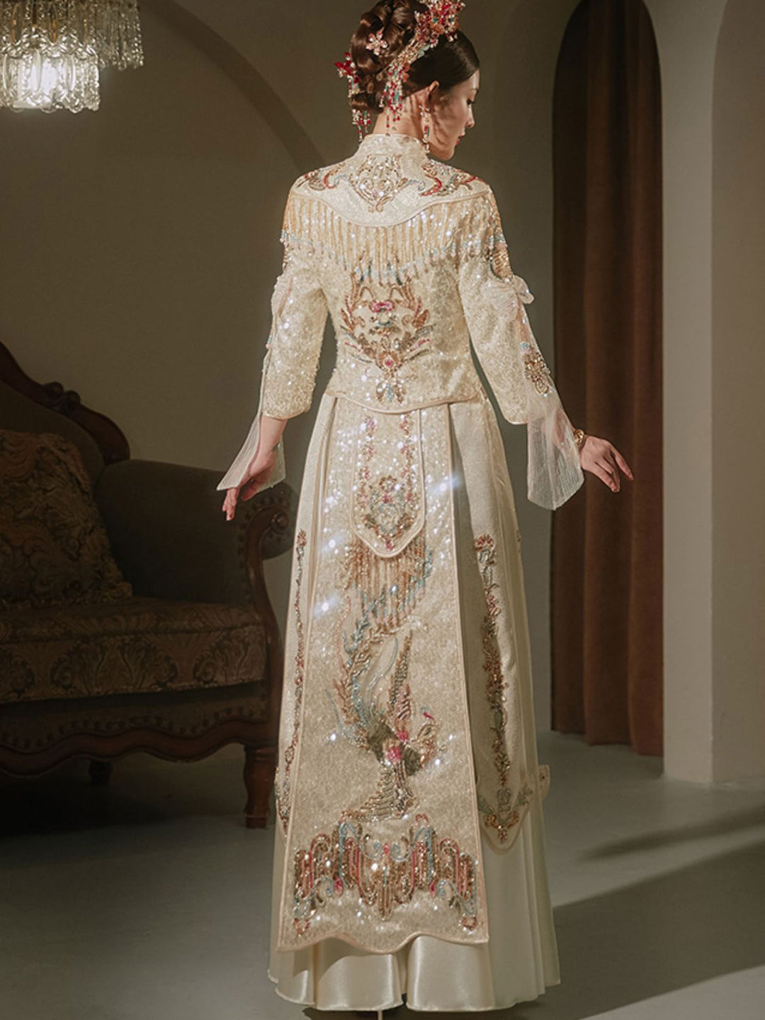 Champagne Sequins Phoenix Dragon Wedding Bridal QunGua
