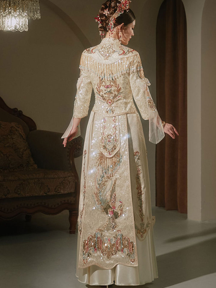 Champagne Sequins Phoenix Dragon Wedding Bridal QunGua