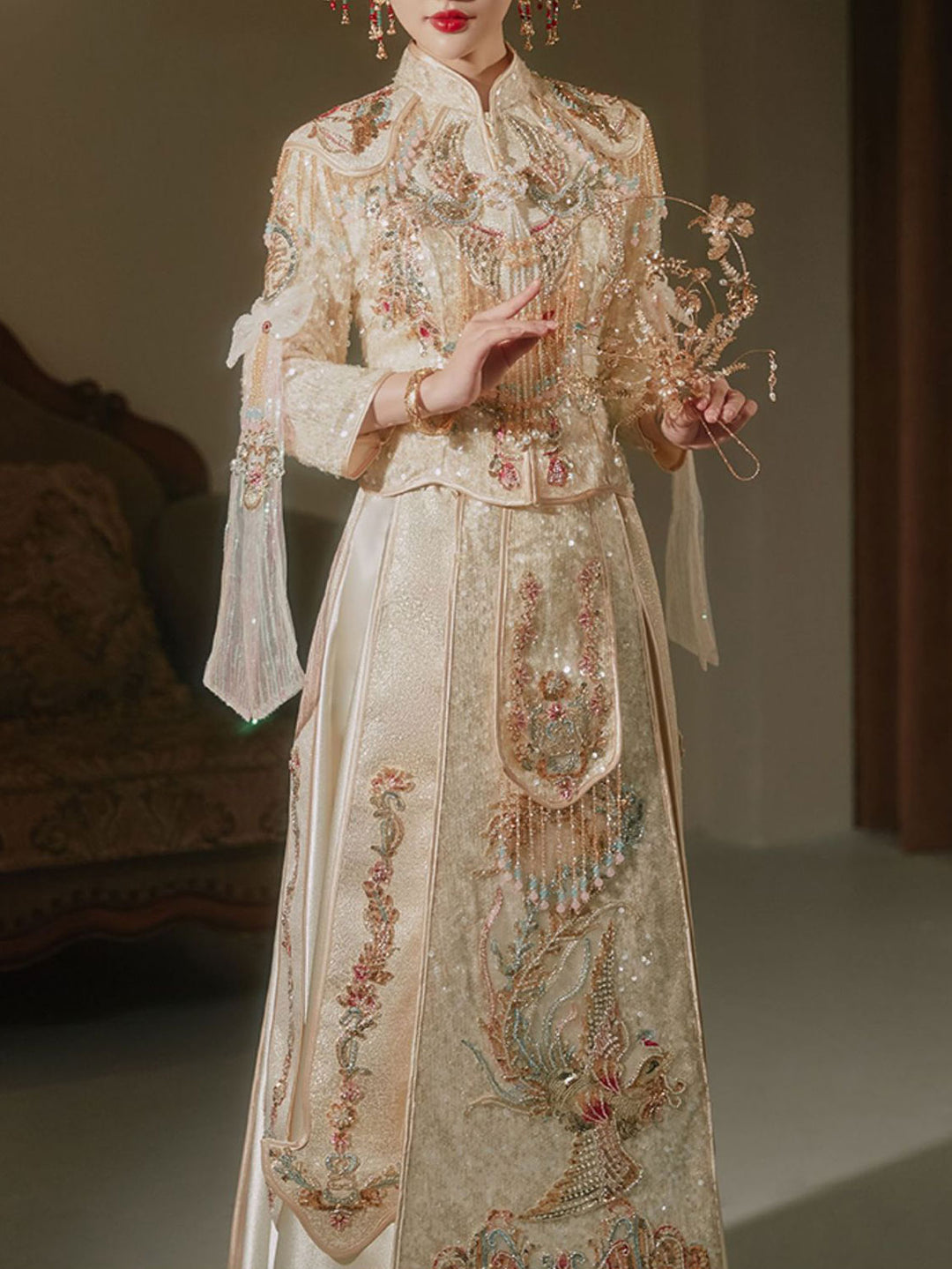 Champagne Sequins Phoenix Dragon Wedding Bridal QunGua