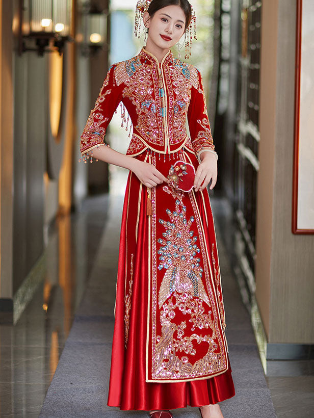 Red Sequins Beaded Phoenix Velvet Wedding Bride Qun Kwa Xiuhe