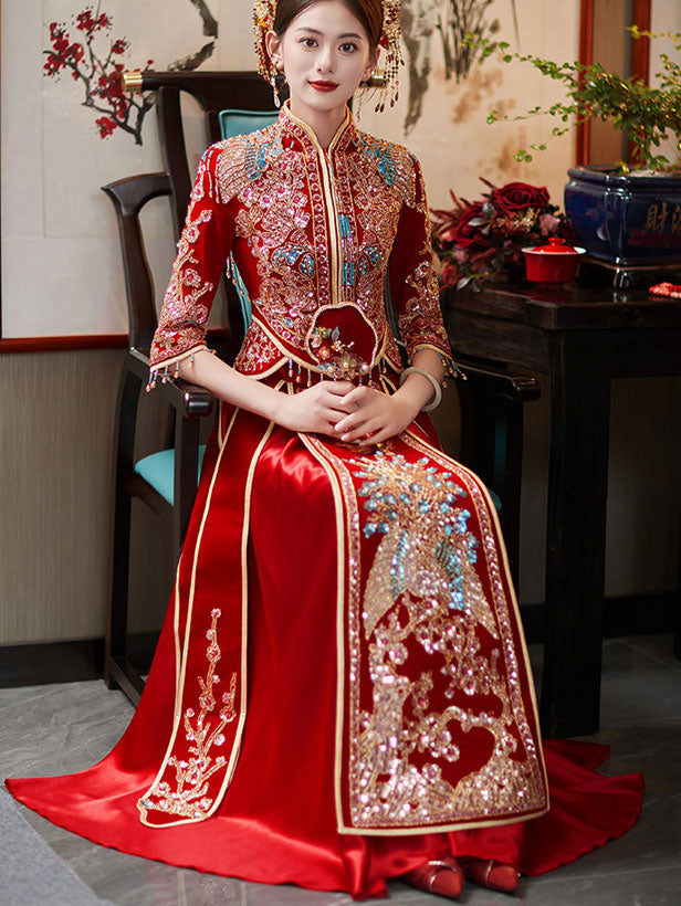 Red Sequins Beaded Phoenix Velvet Wedding Bride Qun Kwa Xiuhe