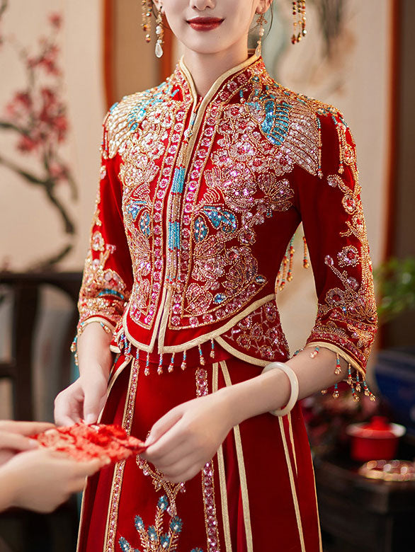 Red Sequins Beaded Phoenix Velvet Wedding Bride Qun Kwa Xiuhe