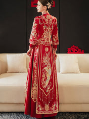 Embroidered Phoenix V Neck Tassels Beaded Bride QunKwa Xiuhe