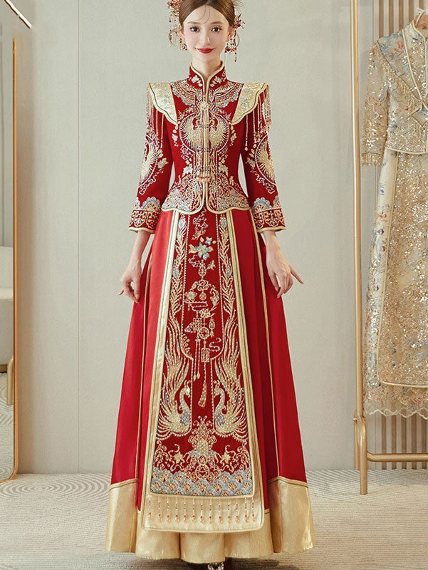 Beaded Embroidered Phoenix Velvet Wedding Bride Qun Kwa Xiu He