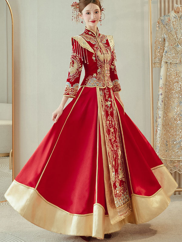 Beaded Embroidered Phoenix Velvet Wedding Bride Qun Kwa Xiu He