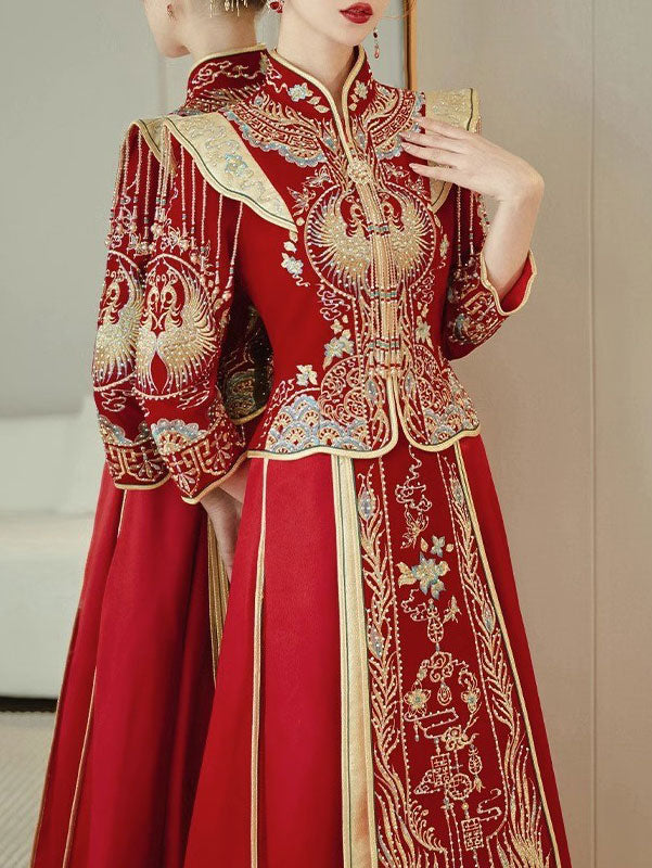 Beaded Embroidered Phoenix Velvet Wedding Bride Qun Kwa Xiu He
