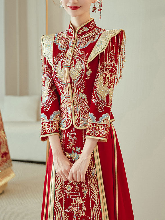 Beaded Embroidered Phoenix Velvet Wedding Bride Qun Kwa Xiu He