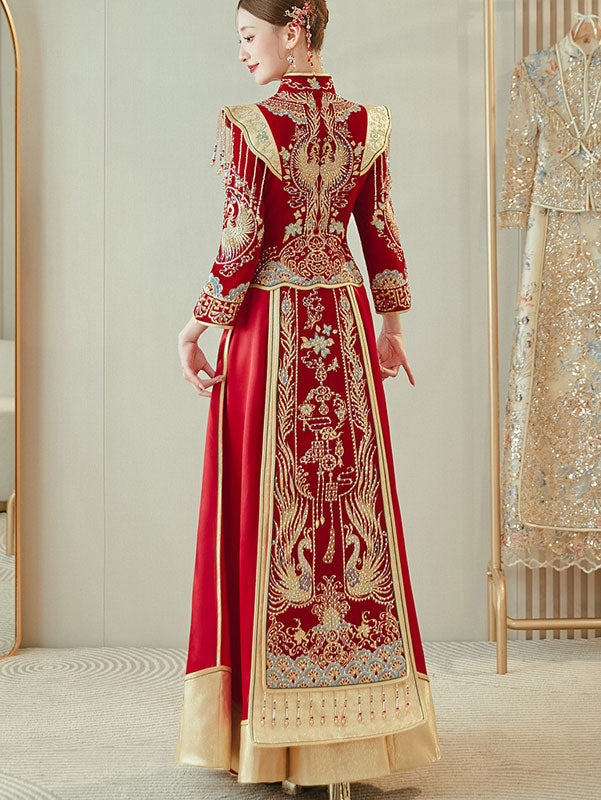 Beaded Embroidered Phoenix Velvet Wedding Bride Qun Kwa Xiu He