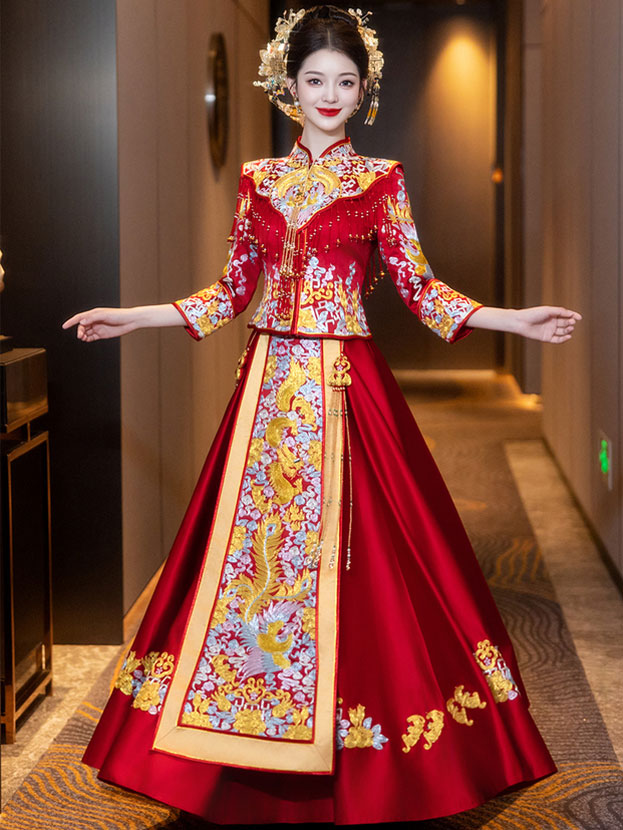 2025 Embroidered Phoenix Dragon Wedding Bride Qun Gua Xiuhe