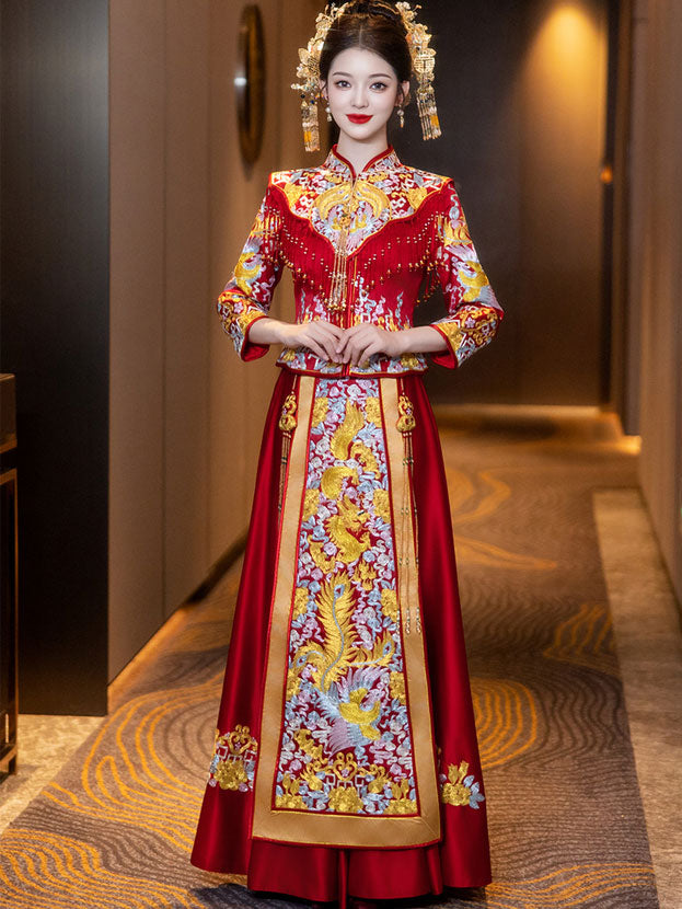2025 Embroidered Phoenix Dragon Wedding Bride Qun Gua Xiuhe