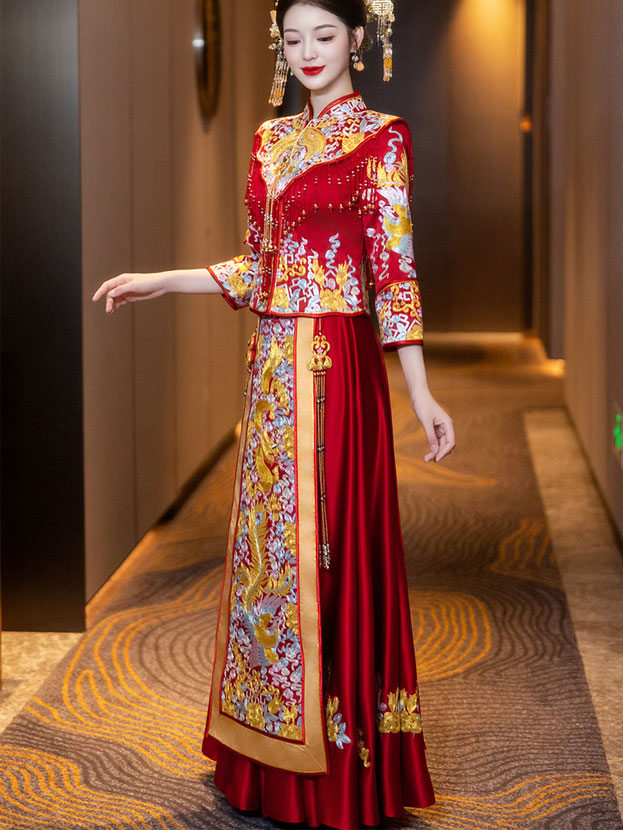 2025 Embroidered Phoenix Dragon Wedding Bride Qun Gua Xiuhe