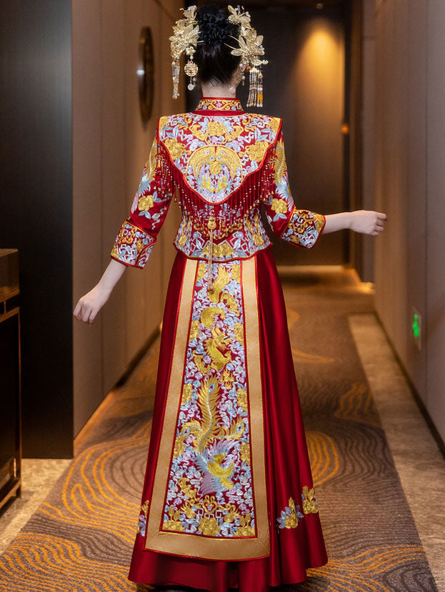 2026 Embroidered Phoenix Dragon Wedding Bride Qun Kwa Xiuhe