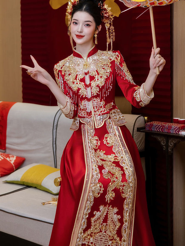 2025 Red Sequins Dragon Wedding Bride Qun Kwa Xiuhe