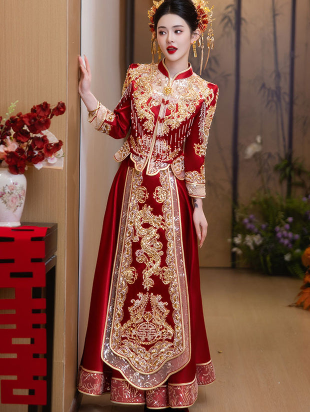 2025 Red Sequins Dragon Wedding Bride Qun Kwa Xiuhe