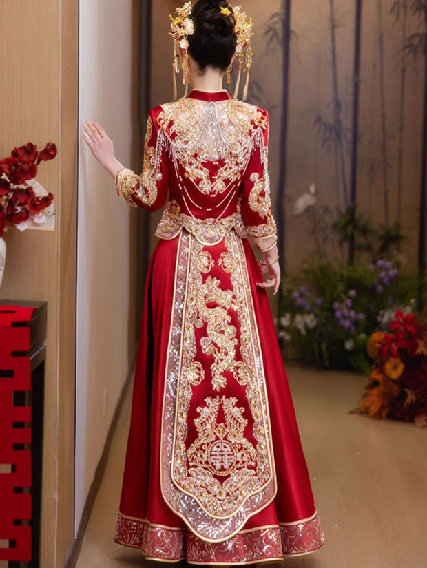 2025 Red Sequins Dragon Wedding Bride Qun Kwa Xiuhe