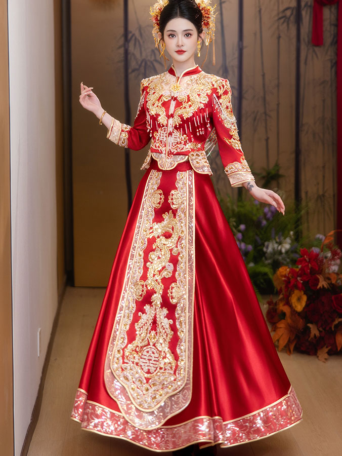 2025 Red Sequins Dragon Wedding Bride Qun Kwa Xiuhe