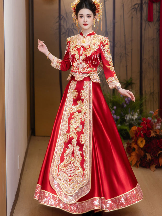 2025 Red Sequins Dragon Wedding Bride Qun Kwa Xiuhe
