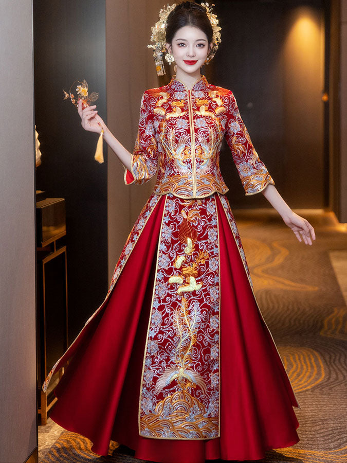 Sequins Embroidered Phoenix Wedding Bridal Qun Gua Xiu He