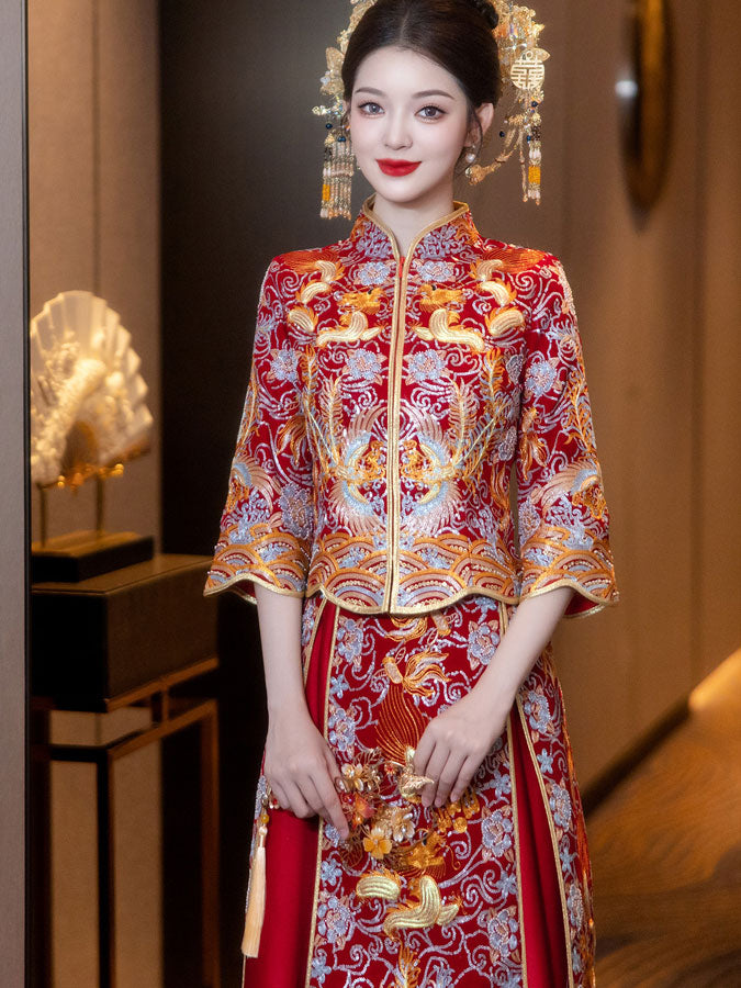 Sequins Embroidered Phoenix Wedding Bridal Qun Gua Xiu He