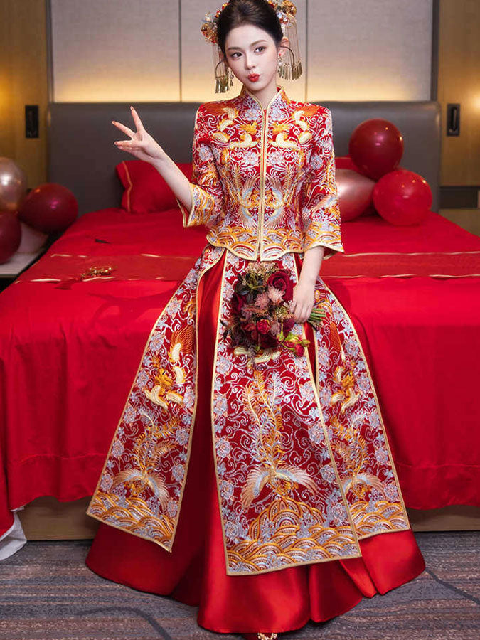 Sequins Embroidered Phoenix Wedding Bridal Qun Gua Xiu He