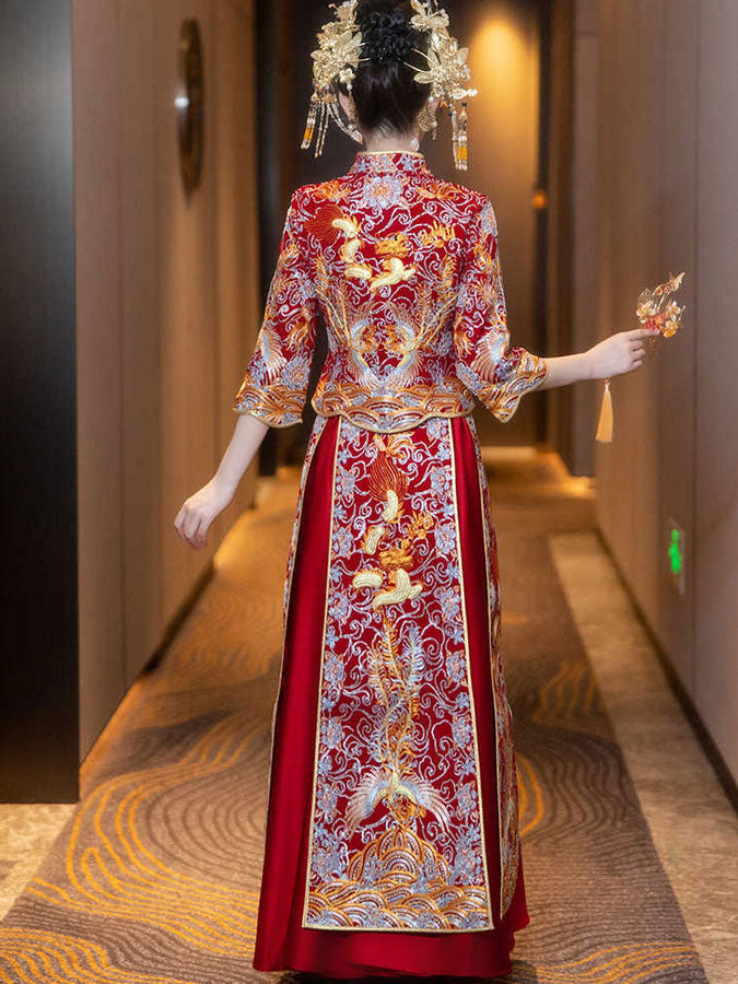 Sequins Embroidered Phoenix Wedding Bridal Qun Gua Xiu He