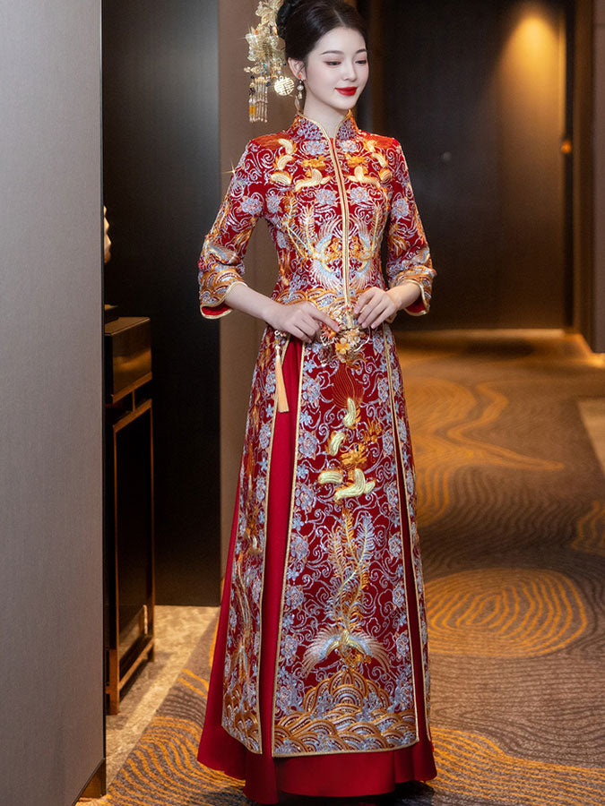 Sequins Embroidered Phoenix Wedding Bridal Qun Gua Xiu He