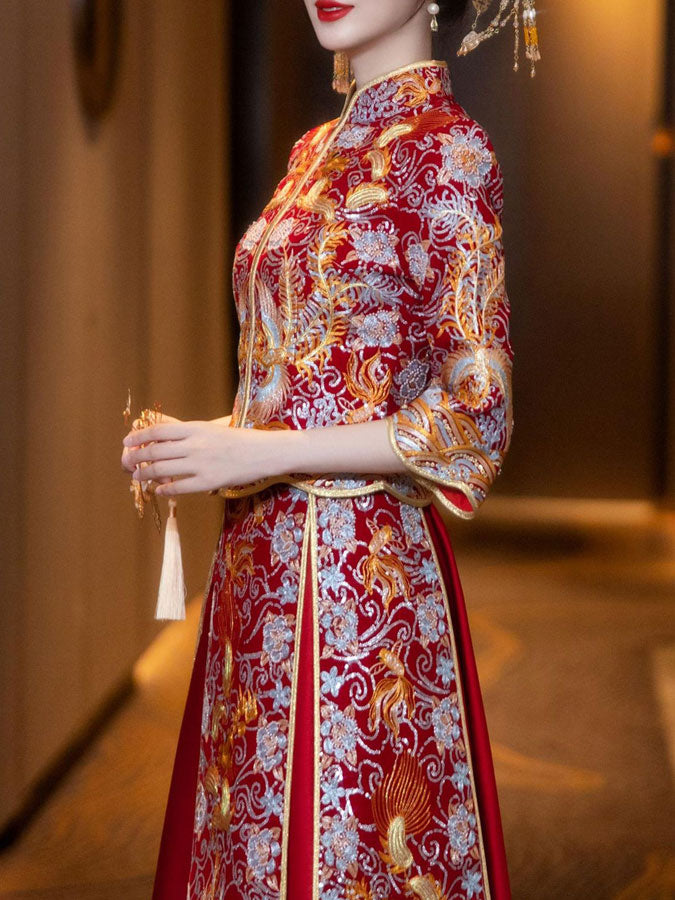Sequins Embroidered Phoenix Wedding Bridal Qun Gua Xiu He