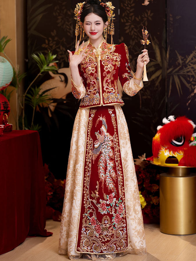 Coloblock Sequins Beads Phoenix Wedding Bridal Qungua Xiuhe