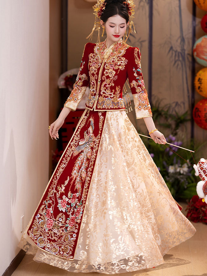 Coloblock Sequins Beads Phoenix Wedding Bridal Qungua Xiuhe