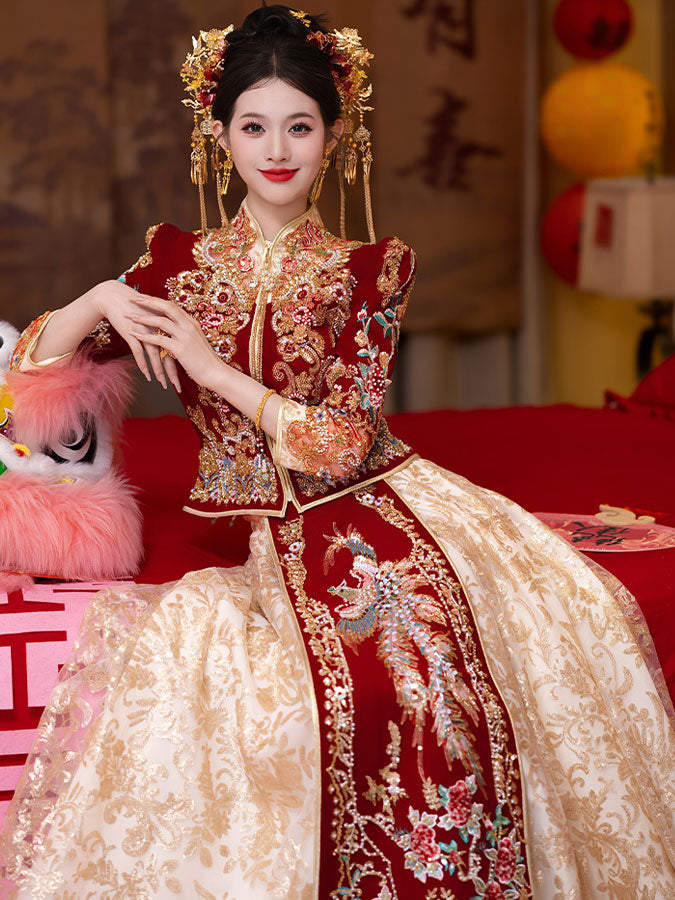Coloblock Sequins Beads Phoenix Wedding Bridal Qungua Xiuhe